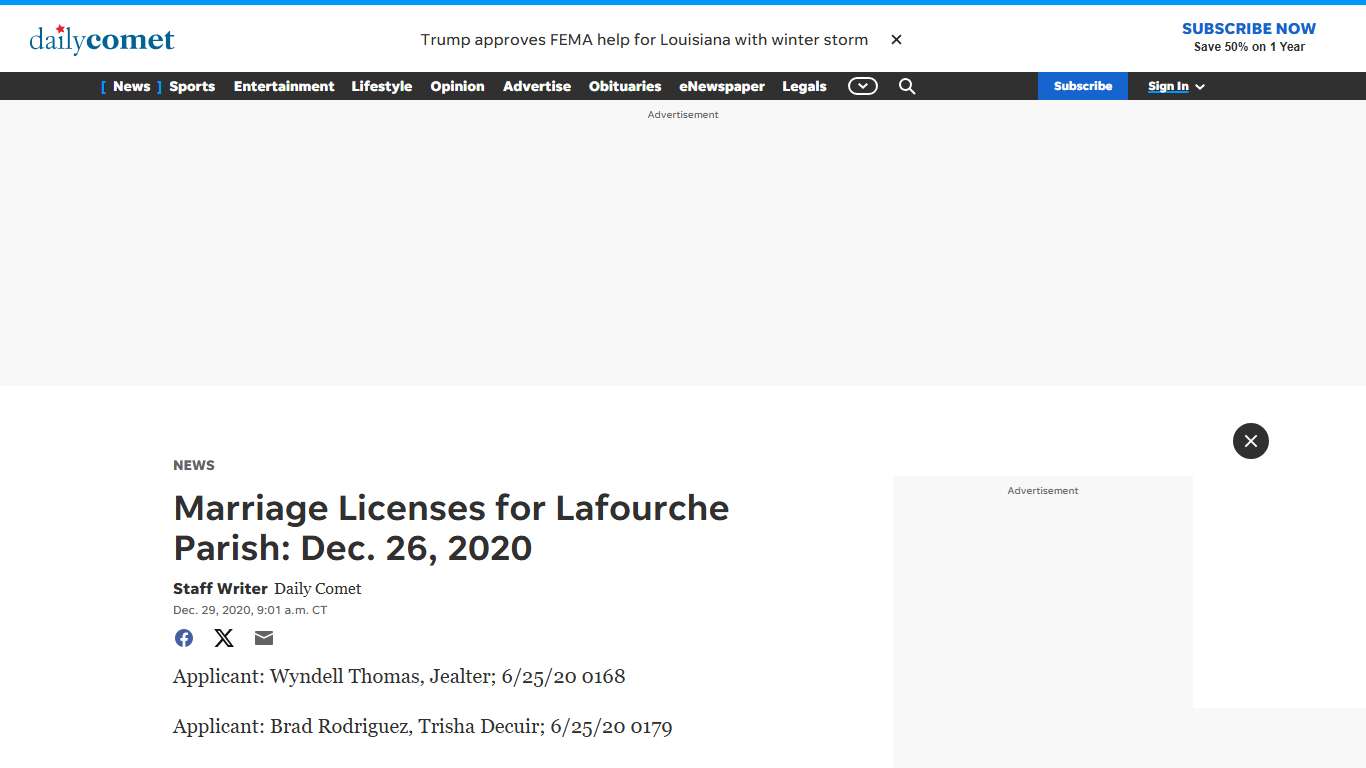 Marriage Licenses for Lafourche Parish: Dec. 26, 2020